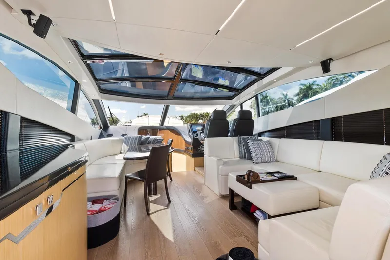 Jolly Rogers Yacht Photos Pics Luxurious interior of 2018 Sunseeker Predator 68 yacht with modern seating and panoramic windows.