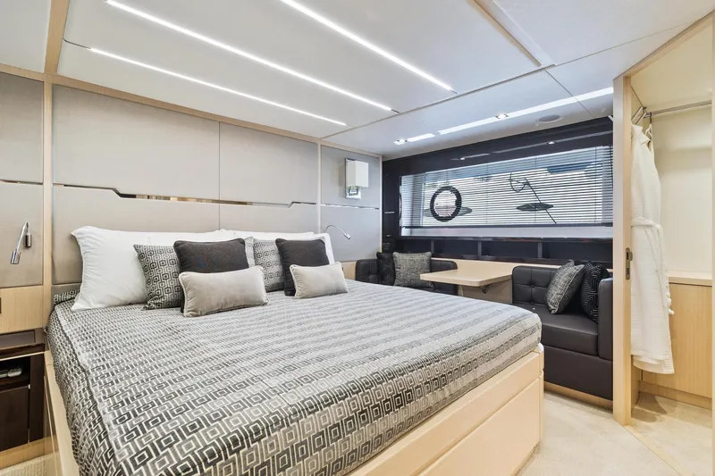 Jolly Rogers Yacht Photos Pics Luxurious interior of 2018 Sunseeker Predator 68 yacht with modern bedroom design.