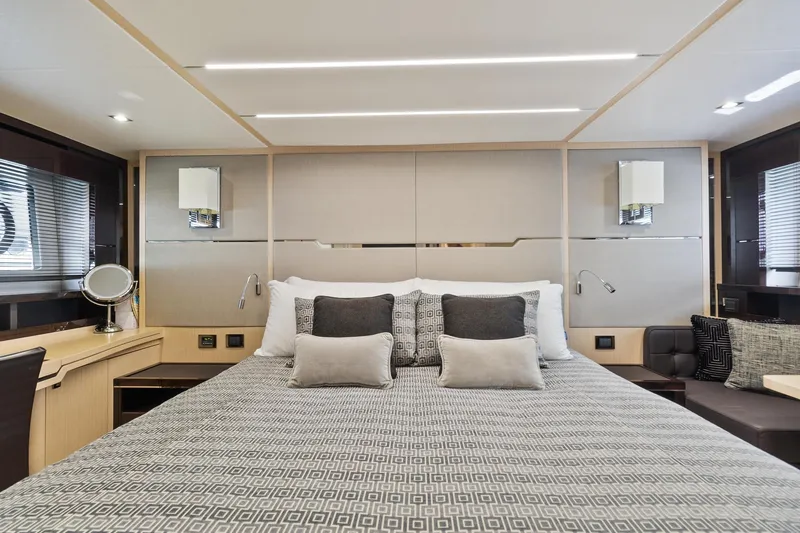 Jolly Rogers Yacht Photos Pics Luxurious bedroom interior of 2018 Sunseeker Predator 68 yacht with modern decor.