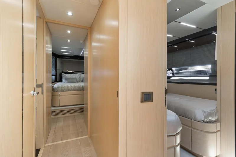 Jolly Rogers Yacht Photos Pics Luxurious interior of 2018 Sunseeker Predator 68 yacht with modern bedrooms.