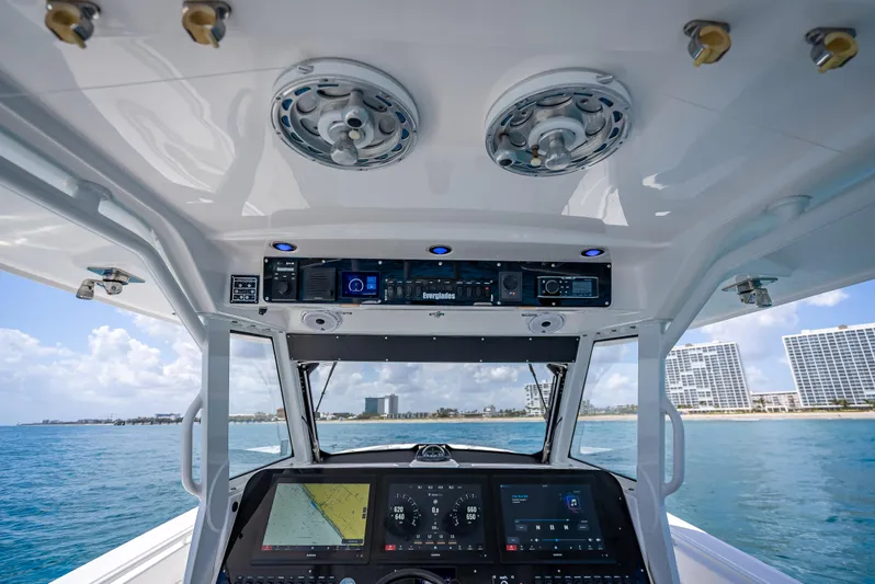  Yacht Photos Pics Interior view of 2018 Everglades 435 Center Console boat with advanced navigation system.