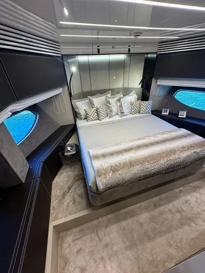 Victoria Yacht Photos Pics Luxurious bedroom interior of 2023 Cranchi Settantotto 78 yacht with elegant decor.