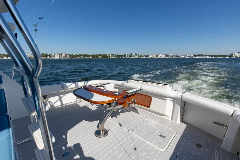Fatso Yacht Photos Pics 1998 Hatteras 60 Convertible yacht deck with ocean view.