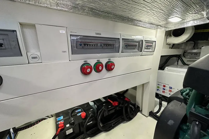  Yacht Photos Pics Engine room of 2023 Galeon 460 Fly yacht with control panels and wiring.