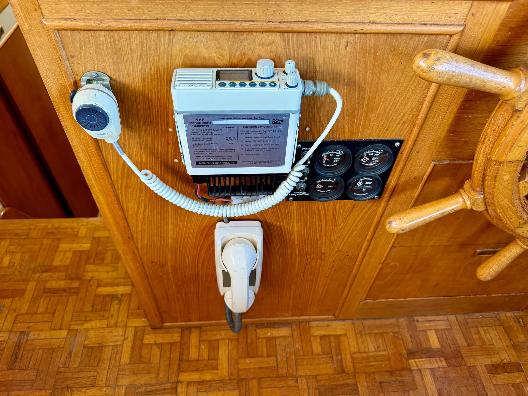 1979 Grand Banks Classic boat dashboard with radio and gauges.