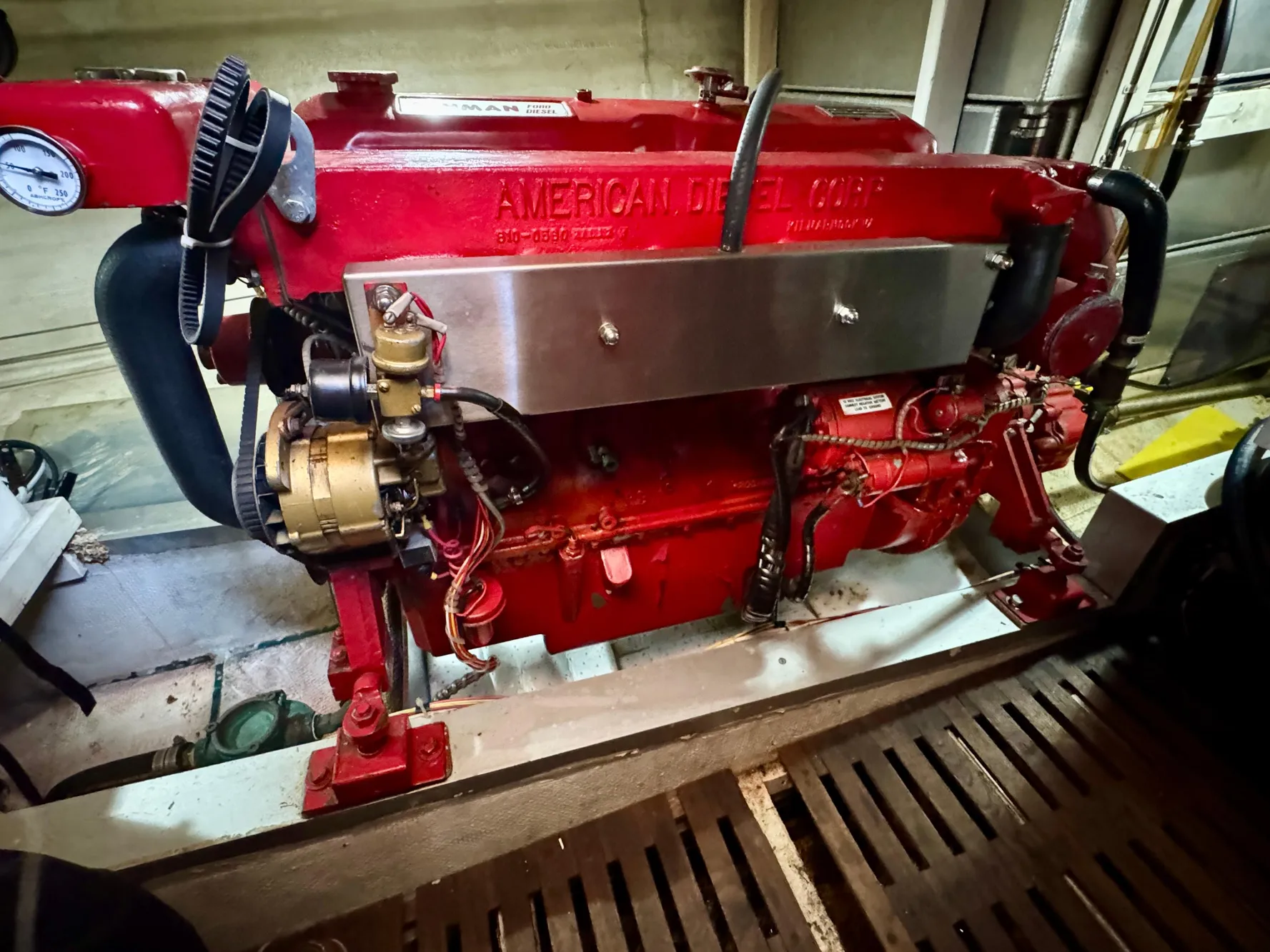Red American Diesel engine in a 1979 Grand Banks Classic boat.
