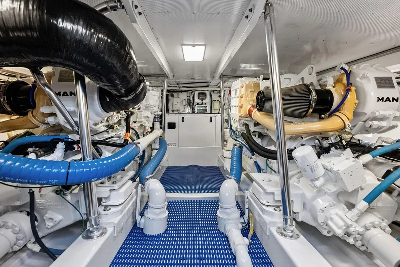 Rebel Yacht Photos Pics Engine room of a 2000 Rybovich Express with MAN engines.