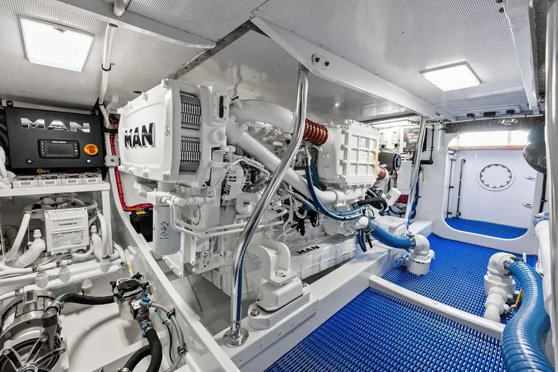Rebel Yacht Photos Pics Engine room of a 2000 Rybovich Express with MAN engines.