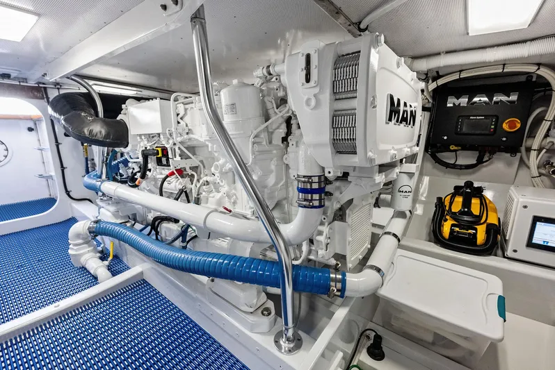 Rebel Yacht Photos Pics Engine room of a 2000 Rybovich Express with MAN engines.