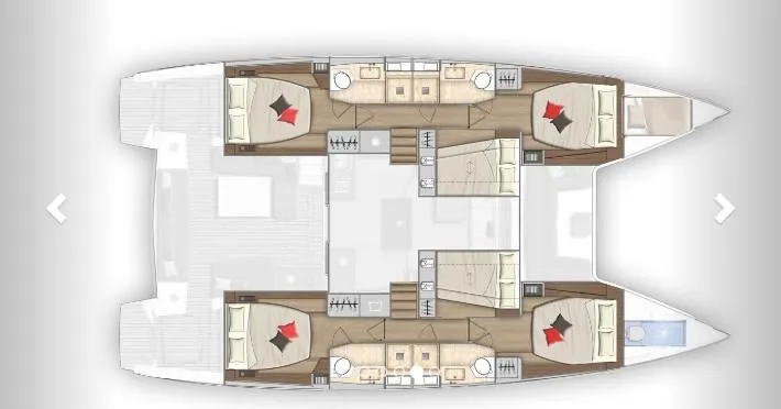 Out Of The Blue Yacht Photos Pics Floor plan of a 2019 Lagoon 50 catamaran with four cabins and bathrooms.