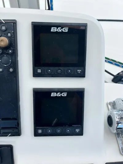 Out Of The Blue Yacht Photos Pics B&G navigation displays on a 2019 Lagoon 50 yacht control panel.