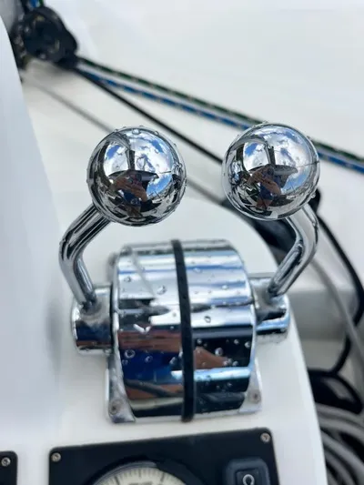 Out Of The Blue Yacht Photos Pics Close-up of chrome throttle controls on a 2019 Lagoon 50 catamaran.