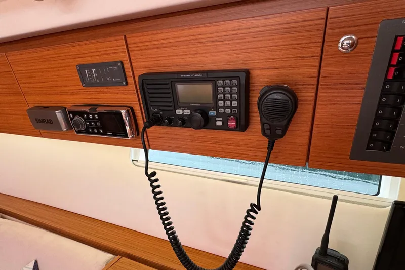 Vamoosh Yacht Photos Pics Control panel of 2012 X-Yachts XP-44 with radio and navigation equipment.