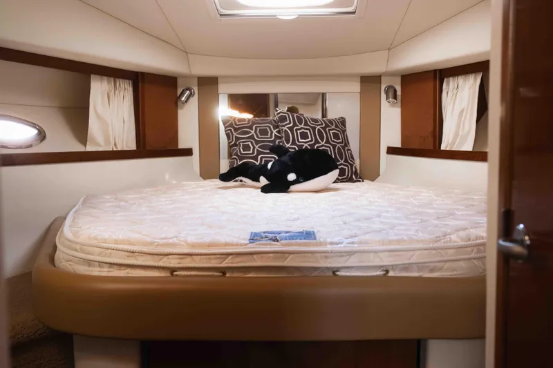  Yacht Photos Pics Luxurious cabin interior of 2008 Sea Ray 38 Sundancer yacht with plush bedding.
