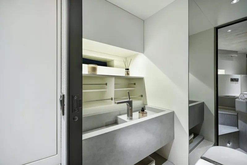 Mazu 62 Yacht Photos Pics Modern bathroom interior on 2025 Mazu Yachts 62, featuring sleek design and minimalist fixtures.