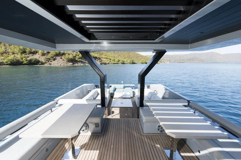 Mazu 62 Yacht Photos Pics Luxurious 2025 Mazu Yachts 62 with spacious deck overlooking serene waters.