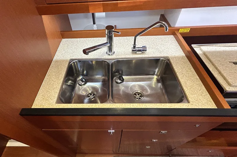  Yacht Photos Pics Stainless steel double sink in 2014 Beneteau Oceanis 41 yacht kitchen.