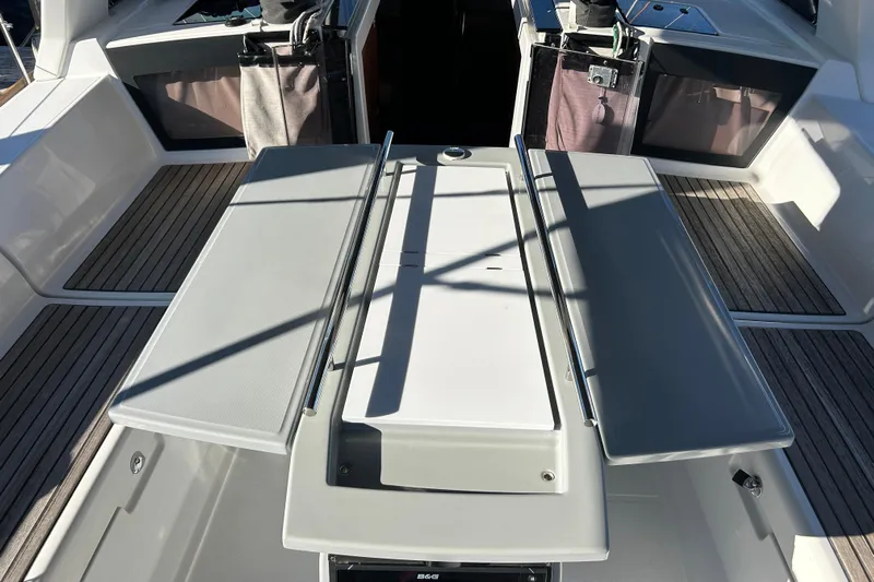  Yacht Photos Pics 2014 Beneteau Oceanis 41 yacht cockpit with foldable table and seating.
