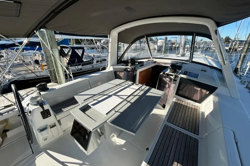  Yacht Photos Pics 2014 Beneteau Oceanis 41 yacht cockpit with seating and navigation equipment.