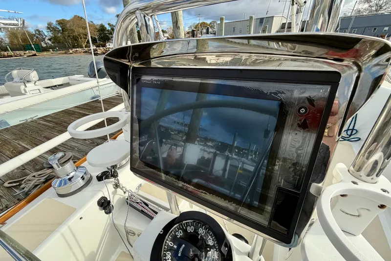 Kittywake Yacht Photos Pics 1996 J Boats J/42 yacht cockpit with navigation equipment and compass.