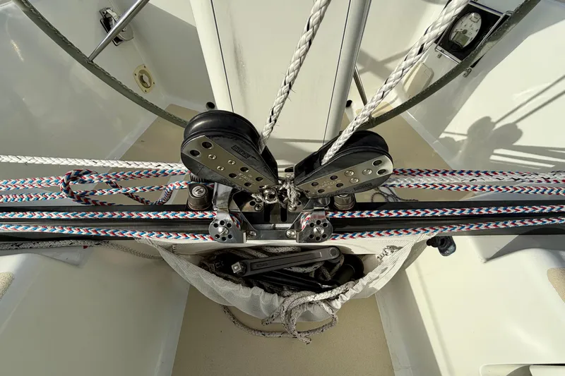 Kittywake Yacht Photos Pics Close-up of 1996 J Boats J/42 sailboat rigging and pulleys in cockpit.