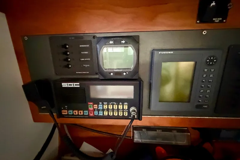Kittywake Yacht Photos Pics Control panel of a 1996 J Boats J/42 with navigation and communication equipment.