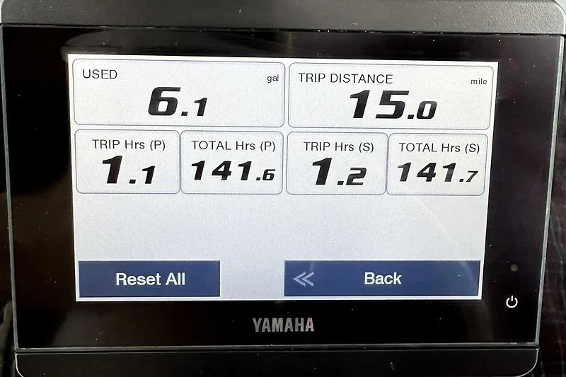  Yacht Photos Pics Yamaha display showing fuel usage and trip data for 2022 Edgewater 262CC boat.