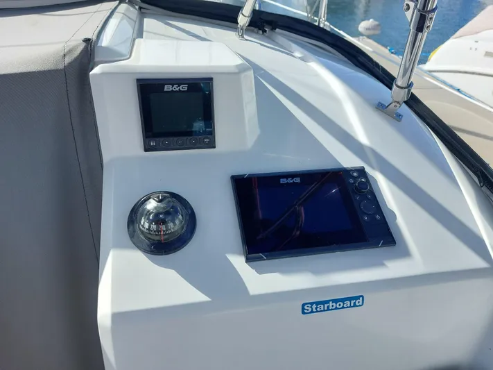 "makai" Yacht Photos Pics Control panel of 2020 Beneteau Oceanis 30.1 sailboat with navigation instruments.