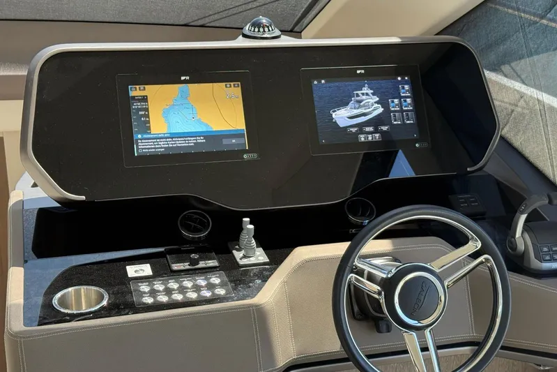  Yacht Photos Pics Cockpit of 2024 Galeon 560 Fly yacht with advanced navigation displays and controls.