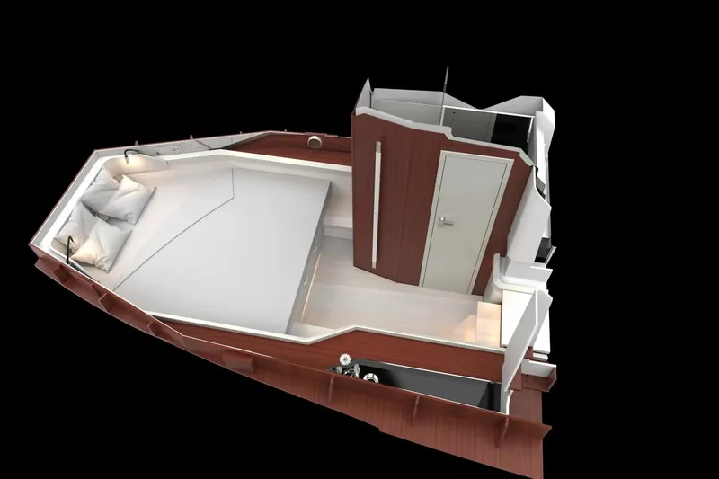  Yacht Photos Pics Interior layout of 2026 Fjord 39 XP yacht cabin, featuring modern design and cozy sleeping area.