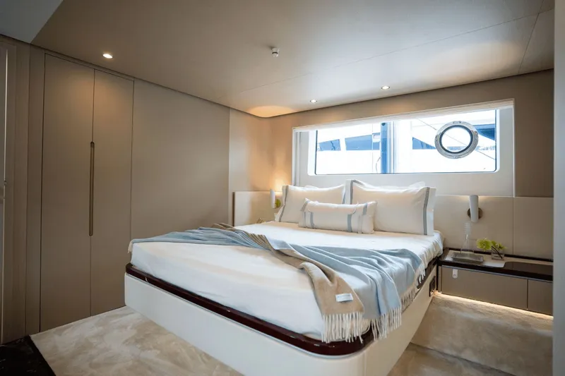  Yacht Photos Pics Luxurious bedroom on the Azimut Fly 68 yacht, model year 2026.
