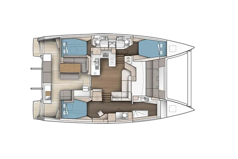  Yacht Photos Pics Floor plan of 2023 Fountaine Pajot Astrea 42 Maestro catamaran, showcasing interior layout.