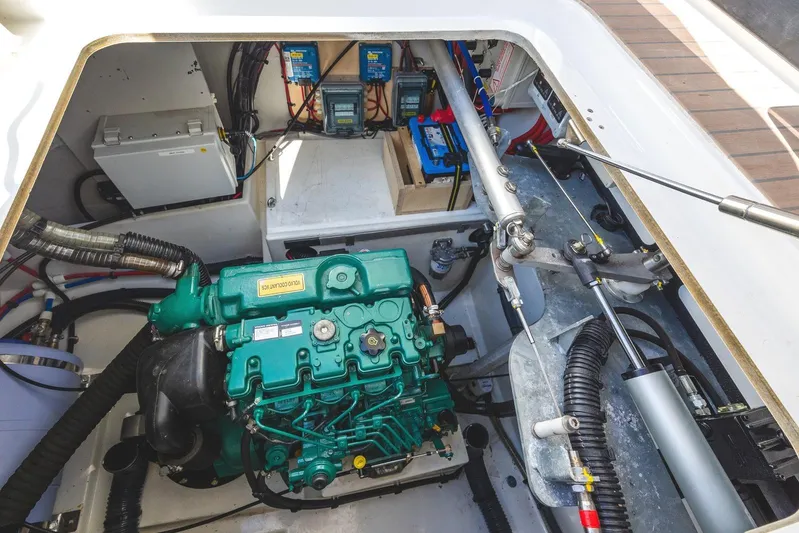  Yacht Photos Pics Engine compartment of 2023 Fountaine Pajot Astrea 42 Maestro catamaran, showcasing mechanical components.