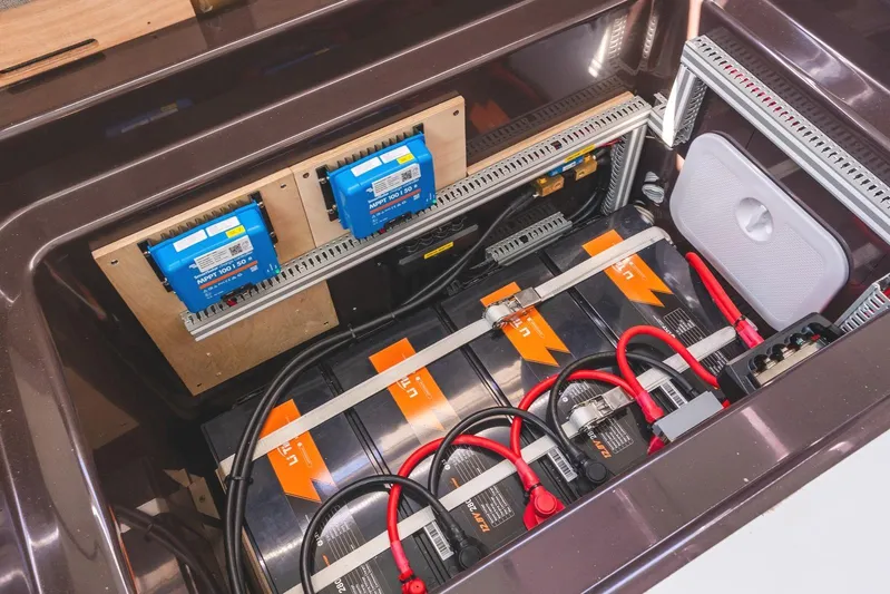  Yacht Photos Pics Electrical system of 2023 Fountaine Pajot Astrea 42 Maestro with batteries and wiring.