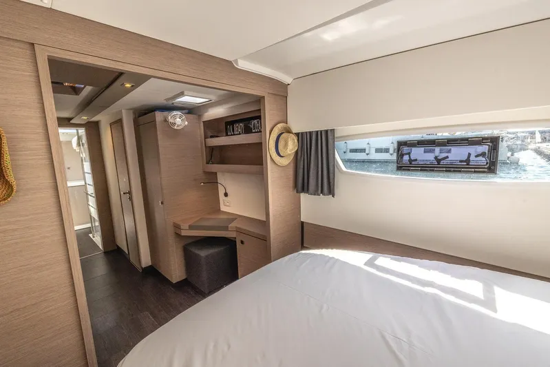  Yacht Photos Pics Luxurious interior of 2023 Fountaine Pajot Astrea 42 Maestro catamaran cabin.