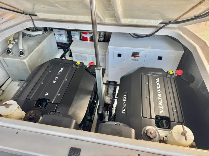 Clintessa Yacht Photos Pics Engine compartment of 2012 Regal 35 Sport Coupe with dual Volvo Penta engines.