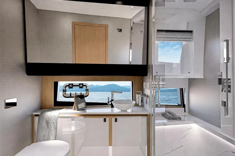 Yacht Photos Pics Luxurious bathroom interior of 2026 Fjord 490 OPEN yacht with ocean view.
