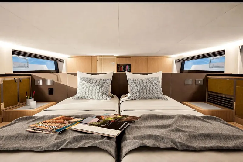  Yacht Photos Pics Luxurious cabin interior of 2026 Fjord 490 OPEN yacht with modern design elements.
