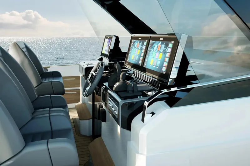  Yacht Photos Pics Modern helm of 2026 Fjord 490 OPEN yacht with advanced navigation screens.