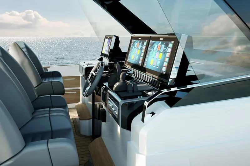  Yacht Photos Pics Modern helm of 2026 Fjord 490 OPEN yacht with advanced navigation screens.