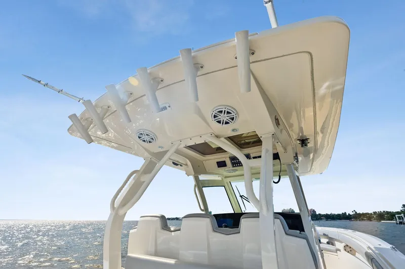 Prime Tyme Yacht Photos Pics 2020 Scout 355 LXF boat with sleek design and modern features on open water.