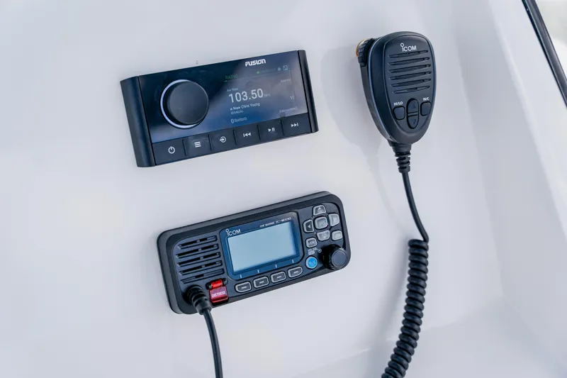  Yacht Photos Pics Control panel of a 2018 Intrepid 327 Center Console with radio and communication devices.