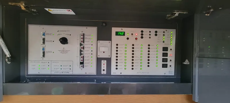  Yacht Photos Pics Control panel of a 2013 Azimut Atlantis 44 yacht with illuminated indicators.