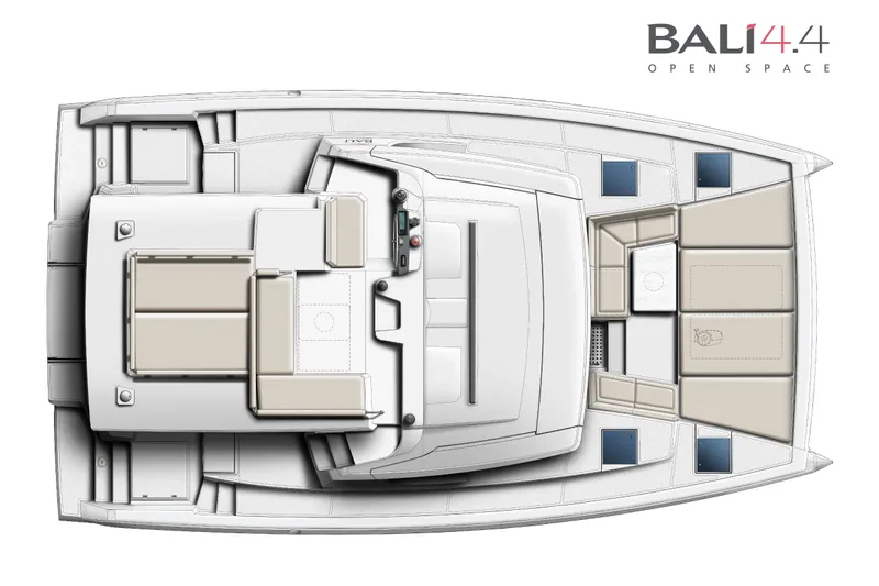  Yacht Photos Pics Top view of 2026 Bali 4.4 catamaran layout, showcasing open space design.