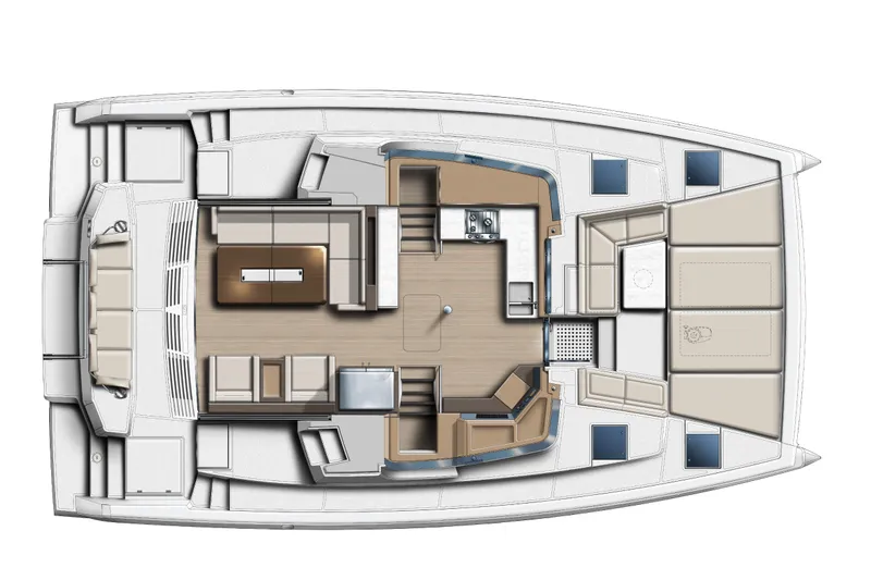  Yacht Photos Pics Top view of 2026 Bali 4.4 yacht interior layout, featuring spacious living and dining areas.