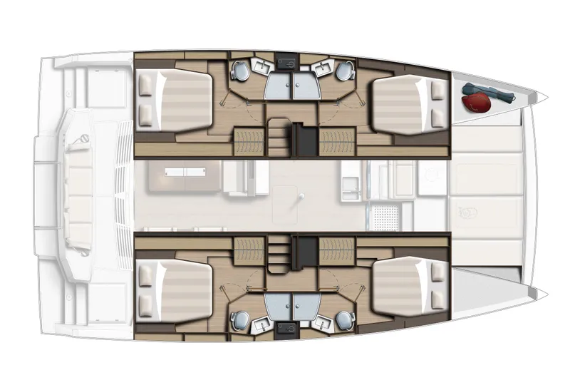  Yacht Photos Pics Floor plan of 2026 Bali 4.4 catamaran, featuring four cabins and modern amenities.