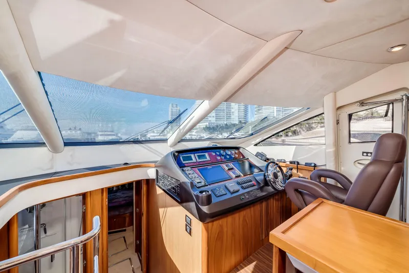 Twins Yacht Photos Pics 2009 Sunseeker Manhattan 70 yacht helm with modern controls and luxurious seating.