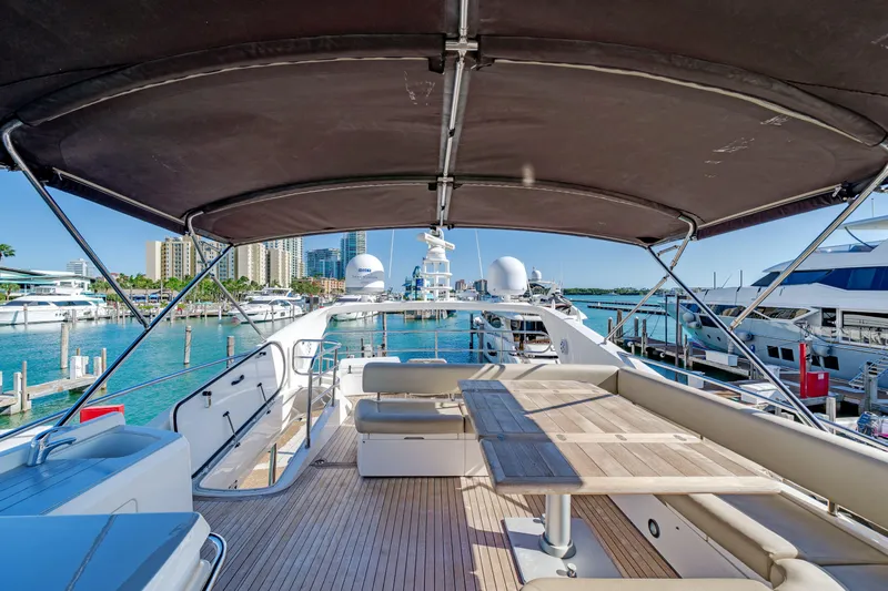 Twins Yacht Photos Pics 2009 Sunseeker Manhattan 70 yacht deck with seating, docked in a marina.