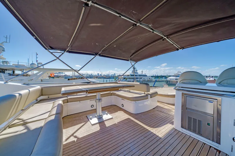 Twins Yacht Photos Pics Spacious deck of 2009 Sunseeker Manhattan 70 yacht with seating and canopy.