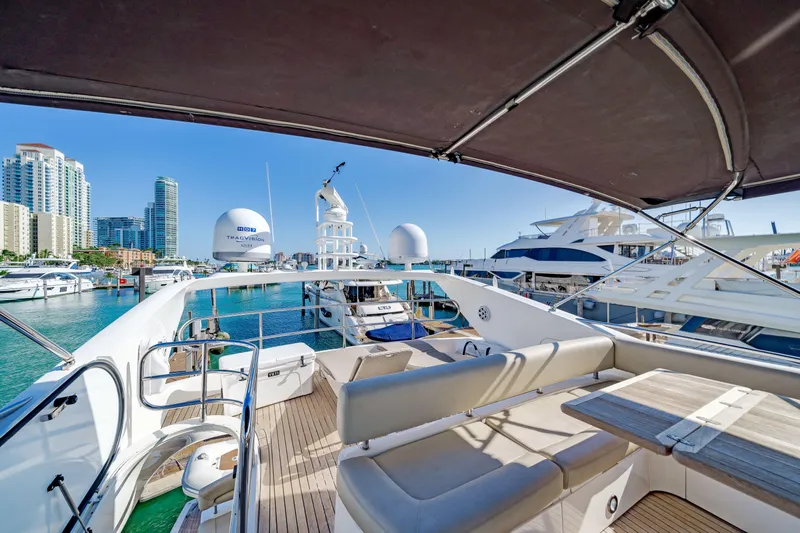 Twins Yacht Photos Pics Luxurious 2009 Sunseeker Manhattan 70 yacht docked in a vibrant marina setting.